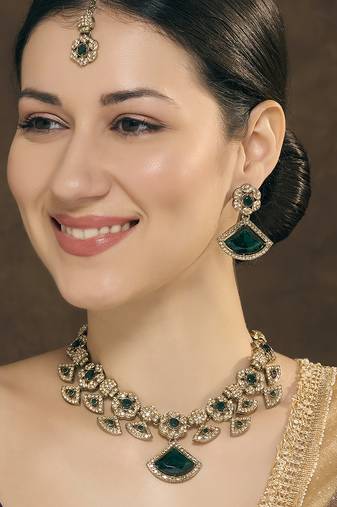 Green yellow gold premium designer american diamond and stone work necklace set