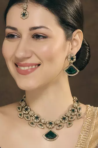 Green yellow gold premium designer american diamond and stone work necklace set