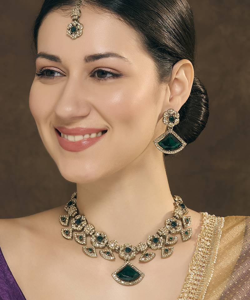 Green yellow gold premium designer american diamond and stone work necklace set