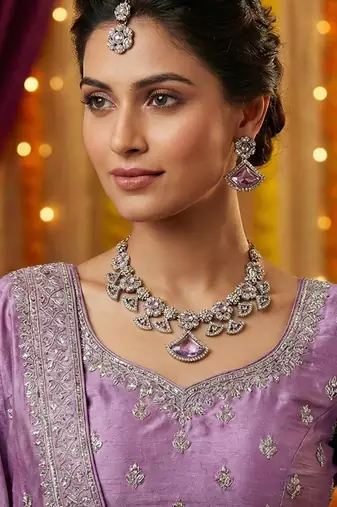Purple yellow gold premium designer american diamond and stone work necklace set