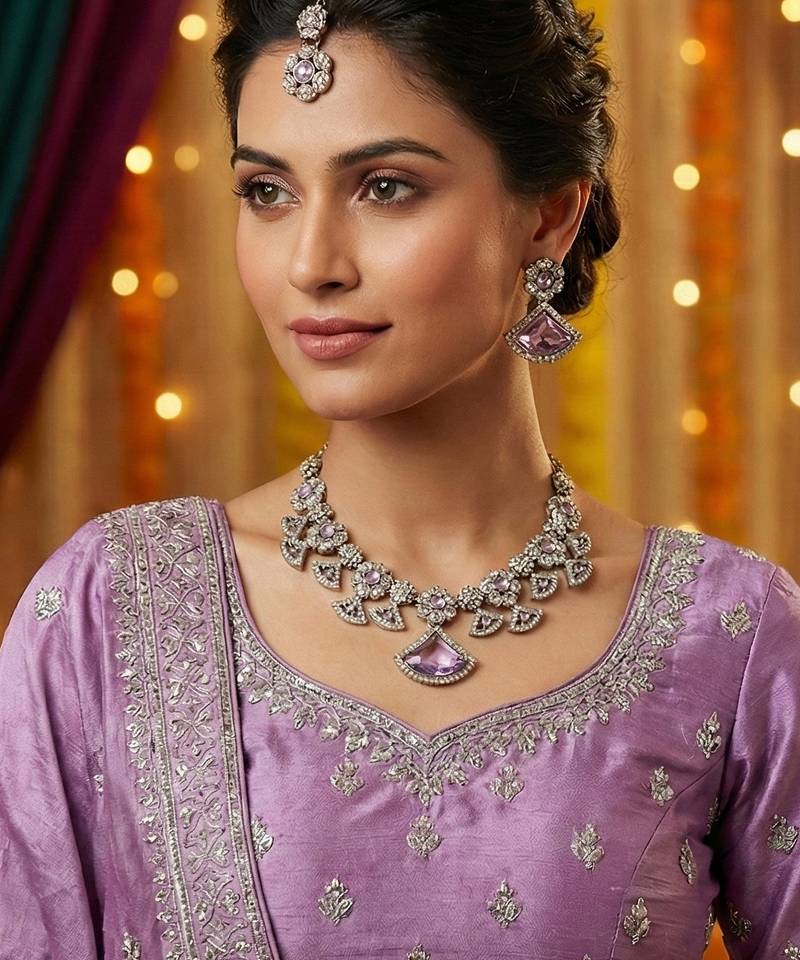 Purple yellow gold premium designer american diamond and stone work necklace set