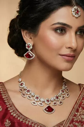 Maroon yellow gold premium designer american diamond and stone work necklace set