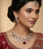 Maroon yellow gold premium designer american diamond and stone work necklace set