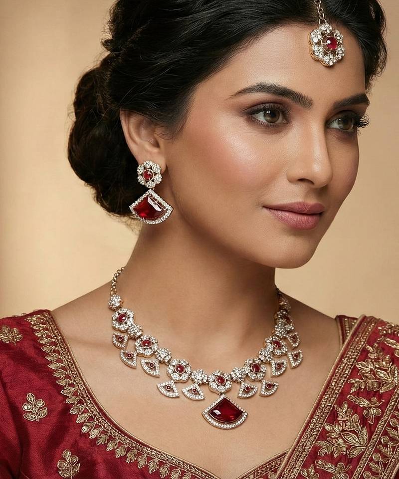 Maroon yellow gold premium designer american diamond and stone work necklace set