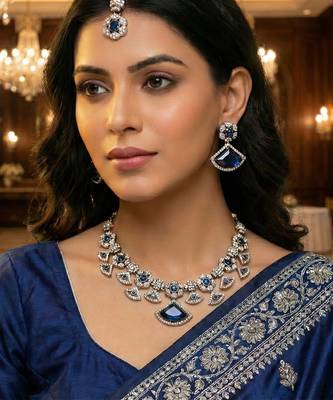 Blue yellow gold premium designer american diamond and stone work necklace set 1