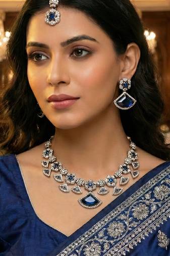 Blue yellow gold premium designer american diamond and stone work necklace set