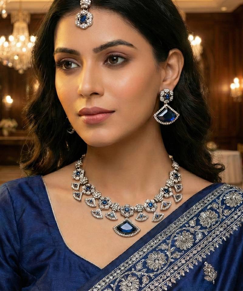 Blue yellow gold premium designer american diamond and stone work necklace set