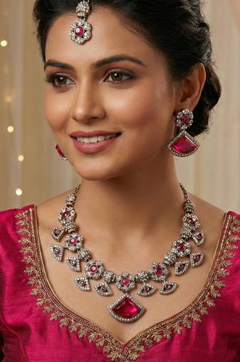 Pink yellow gold premium designer american diamond and stone work necklace set