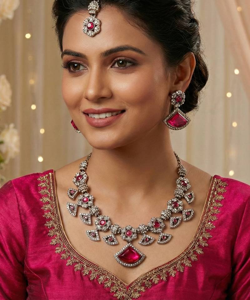 Pink yellow gold premium designer american diamond and stone work necklace set