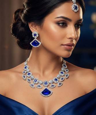 Blue rhodium premium designer american diamond and stone work necklace set 1
