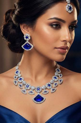 Blue rhodium premium designer american diamond and stone work necklace set