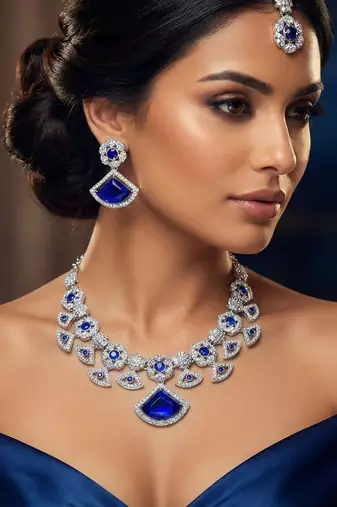 Blue rhodium premium designer american diamond and stone work necklace set