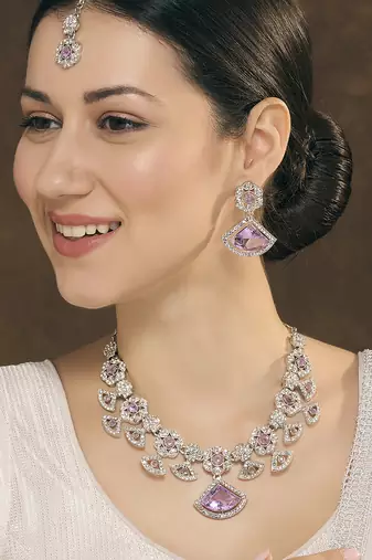 Purple rhodium premium designer american diamond and stone work necklace set