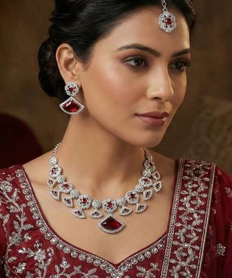 Maroon rhodium premium designer american diamond and stone work necklace set 1