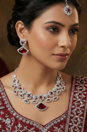 Maroon rhodium premium designer american diamond and stone work necklace set