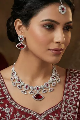 Maroon rhodium premium designer american diamond and stone work necklace set