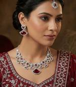 Maroon rhodium premium designer american diamond and stone work necklace set