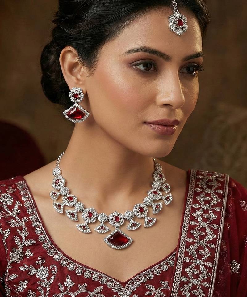 Maroon rhodium premium designer american diamond and stone work necklace set