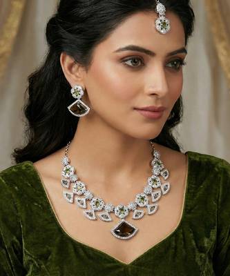 Green rhodium premium designer american diamond and stone work necklace set 1