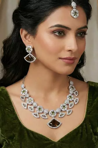 Green rhodium premium designer american diamond and stone work necklace set