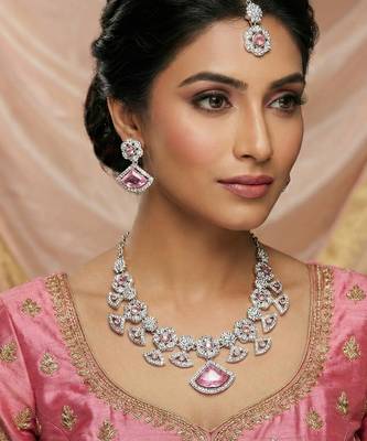 Pink rhodium premium designer american diamond and stone work necklace set 1