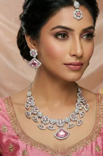 Pink rhodium premium designer american diamond and stone work necklace set