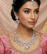 Pink rhodium premium designer american diamond and stone work necklace set