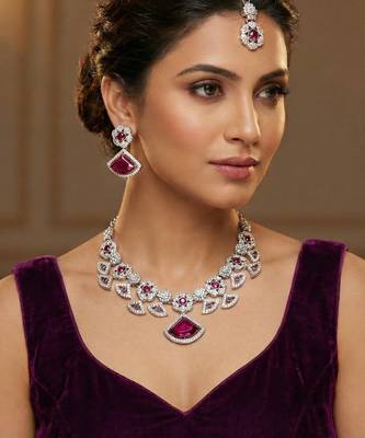 Purple rhodium premium designer american diamond and stone work necklace set 1
