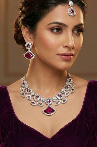 Purple rhodium premium designer american diamond and stone work necklace set