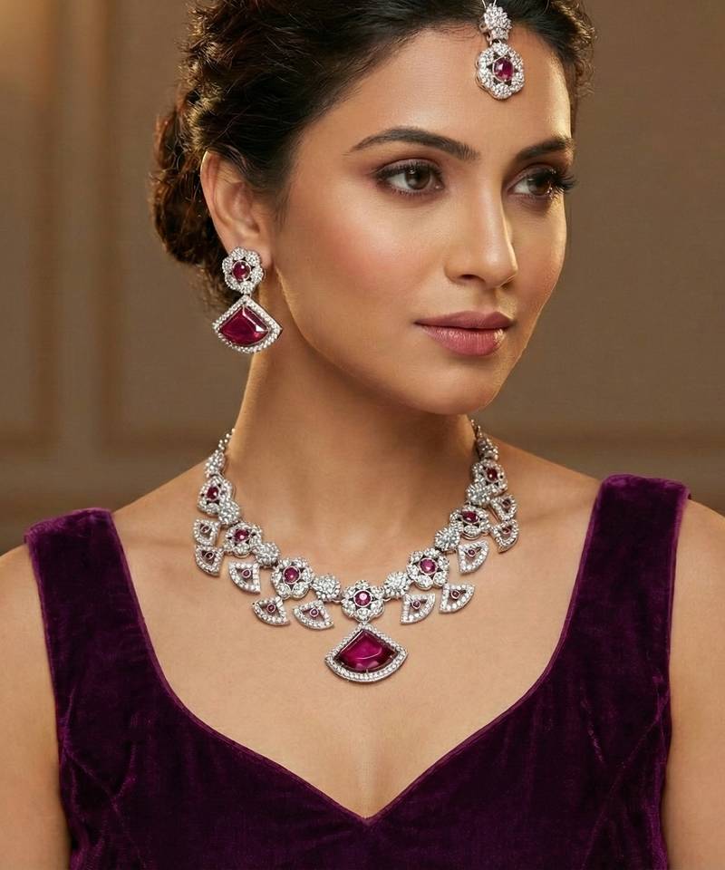 Purple rhodium premium designer american diamond and stone work necklace set