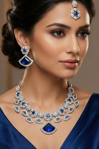 Blue rhodium premium designer american diamond and stone work necklace set