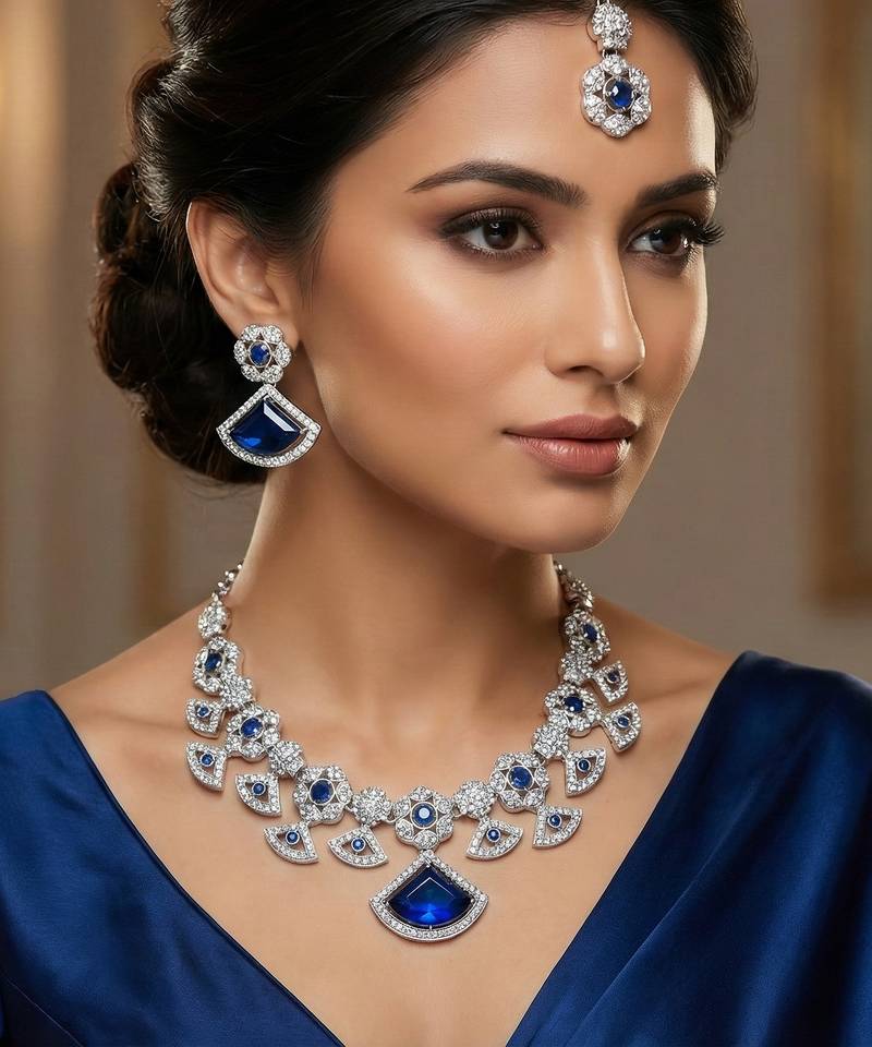 Blue rhodium premium designer american diamond and stone work necklace set