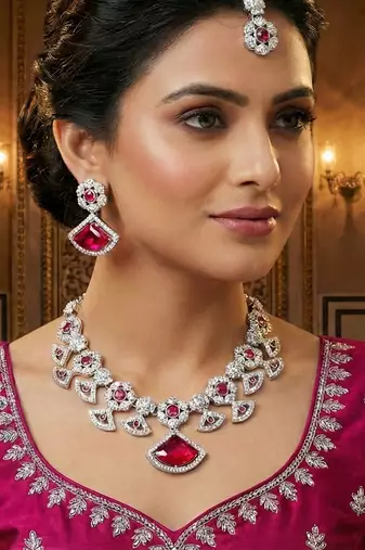 Pink rhodium premium designer american diamond and stone work necklace set