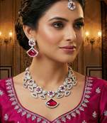 Pink rhodium premium designer american diamond and stone work necklace set