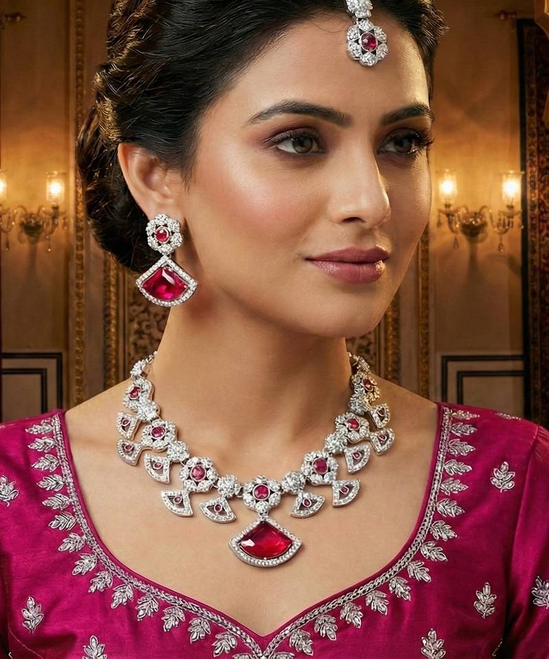 Pink rhodium premium designer american diamond and stone work necklace set