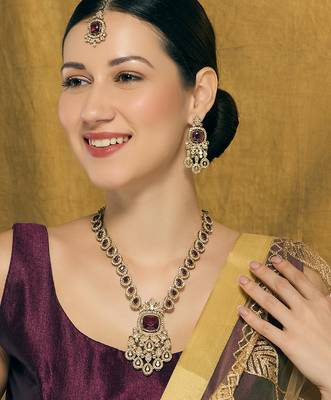 Purple yellow gold premium designer american diamond and stone work necklace set 1