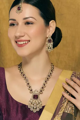 Purple yellow gold premium designer american diamond and stone work necklace set