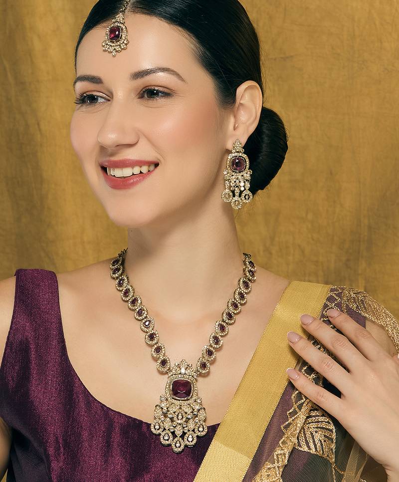 Purple yellow gold premium designer american diamond and stone work necklace set