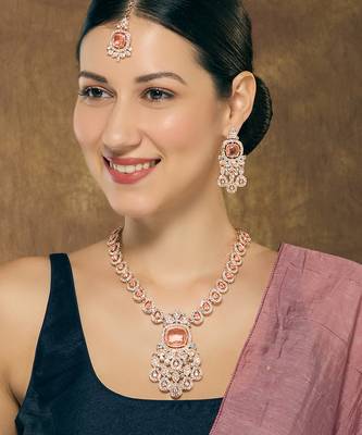 Pink rose gold premium designer american diamond and stone work necklace set 1