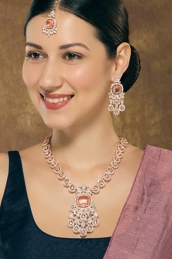 Pink rose gold premium designer american diamond and stone work necklace set
