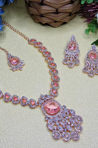 Pink rose gold premium designer american diamond and stone work necklace set