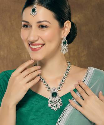 Green rhodium premium designer american diamond and stone work necklace set 1
