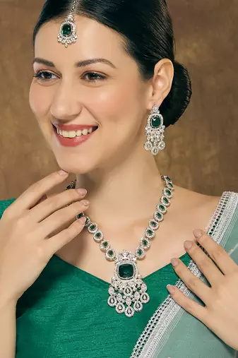 Green rhodium premium designer american diamond and stone work necklace set