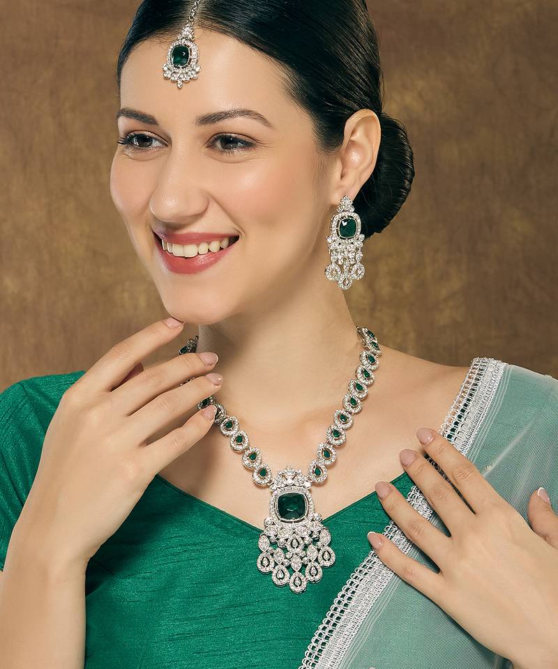 Green rhodium premium designer american diamond and stone work necklace set