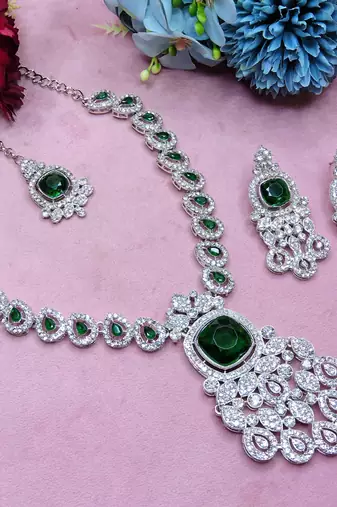 Green rhodium premium designer american diamond and stone work necklace set