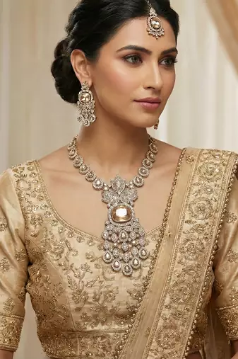 Gold yellow gold premium designer american diamond and stone work necklace set