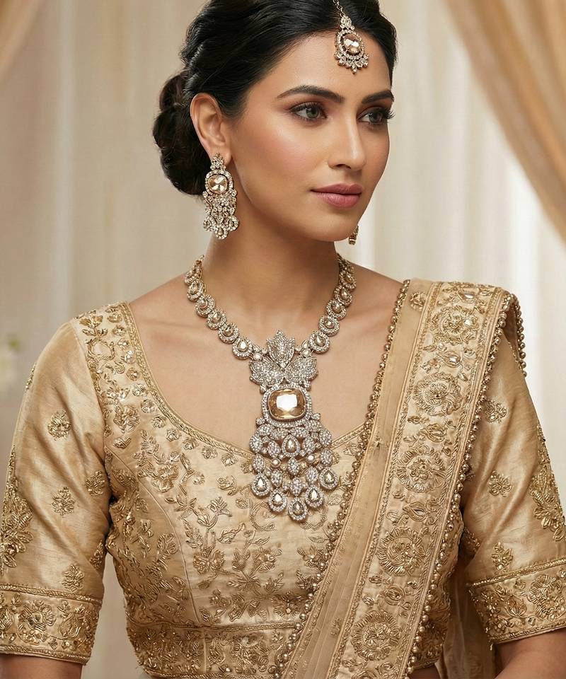 Gold yellow gold premium designer american diamond and stone work necklace set