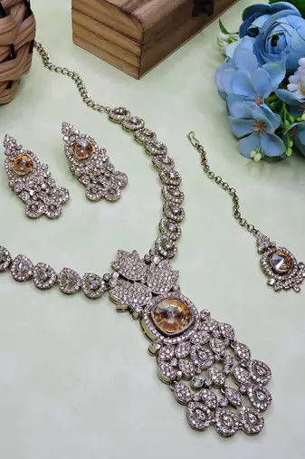 Gold yellow gold premium designer american diamond and stone work necklace set