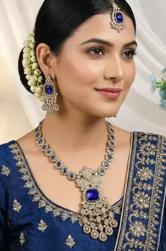 Blue yellow gold premium designer american diamond and stone work necklace set