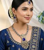 Blue yellow gold premium designer american diamond and stone work necklace set